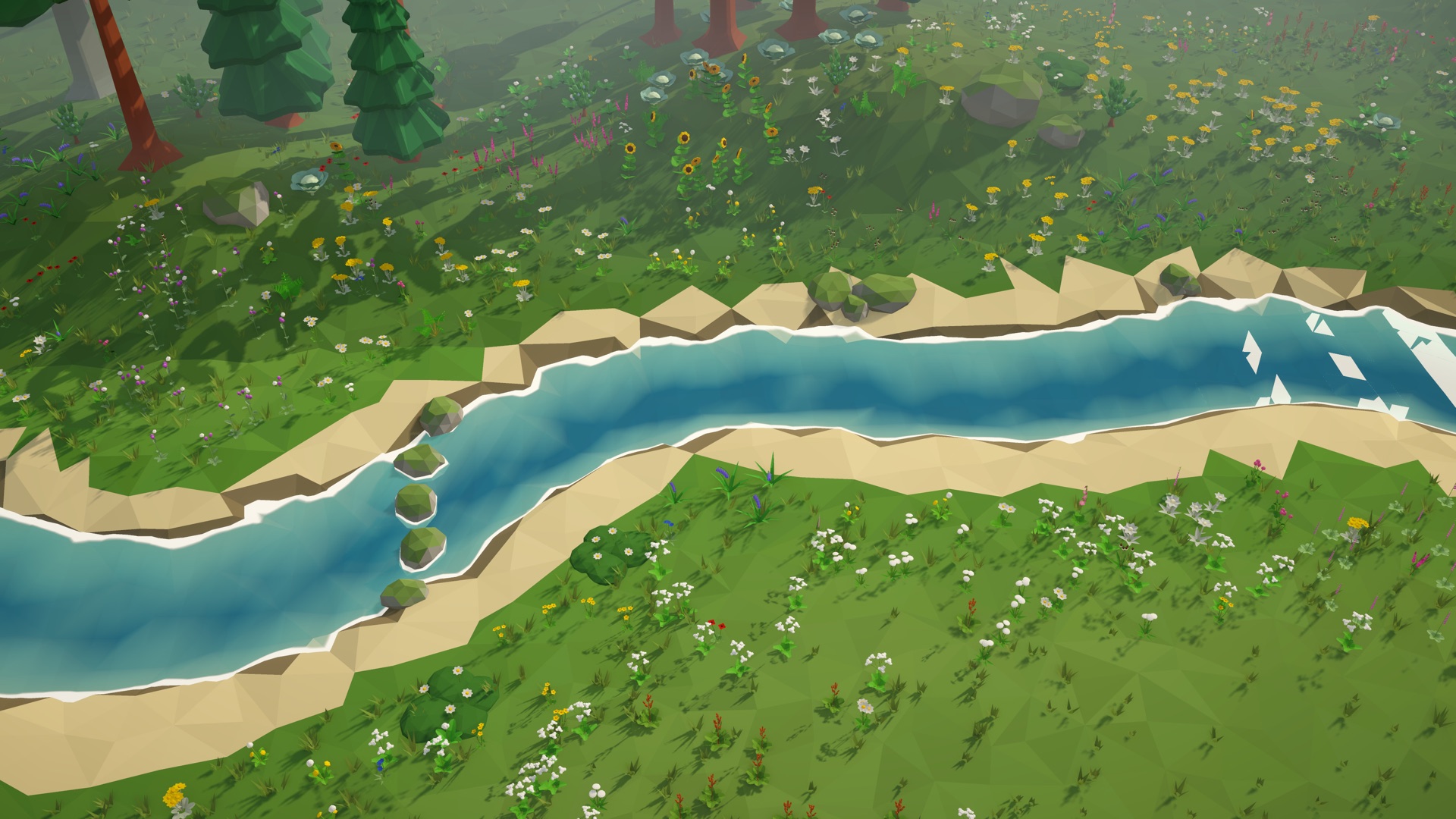 The riverside scene from above: a winding river between flower meadows