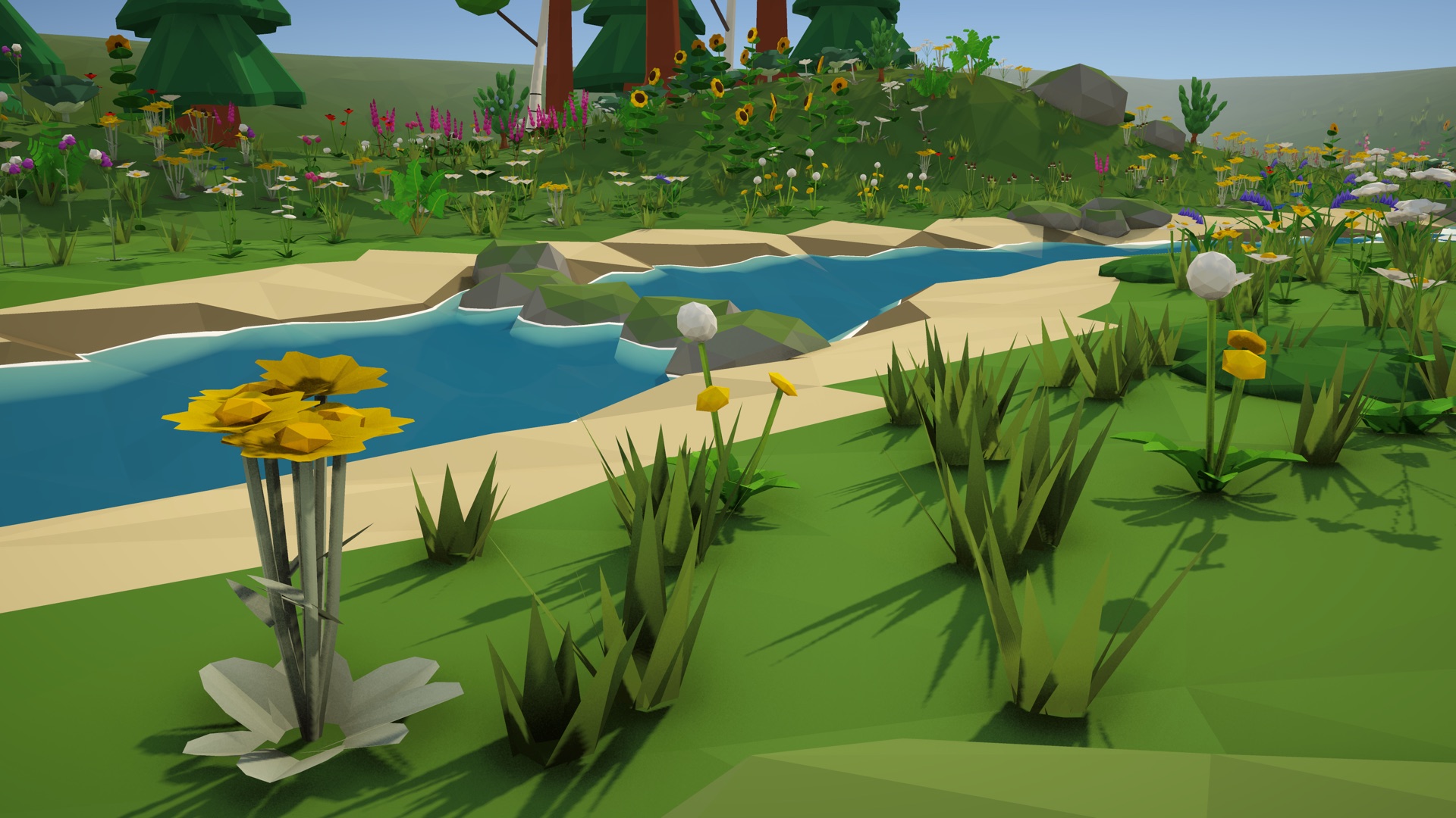 Close-up of a low-poly meadow by a river, with a hill and trees behind