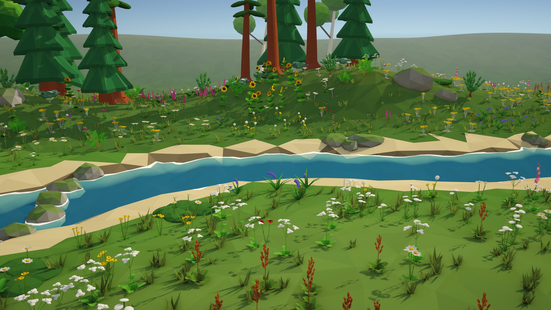 A low-poly riverside meadow: wildflowers, reeds, stepping stones and conifers on a hill